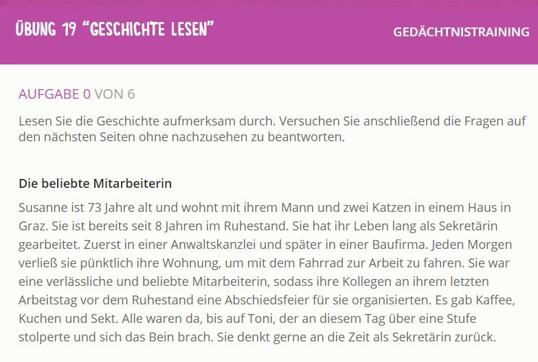 Gedächtnisübung 19: Geschichte lesen